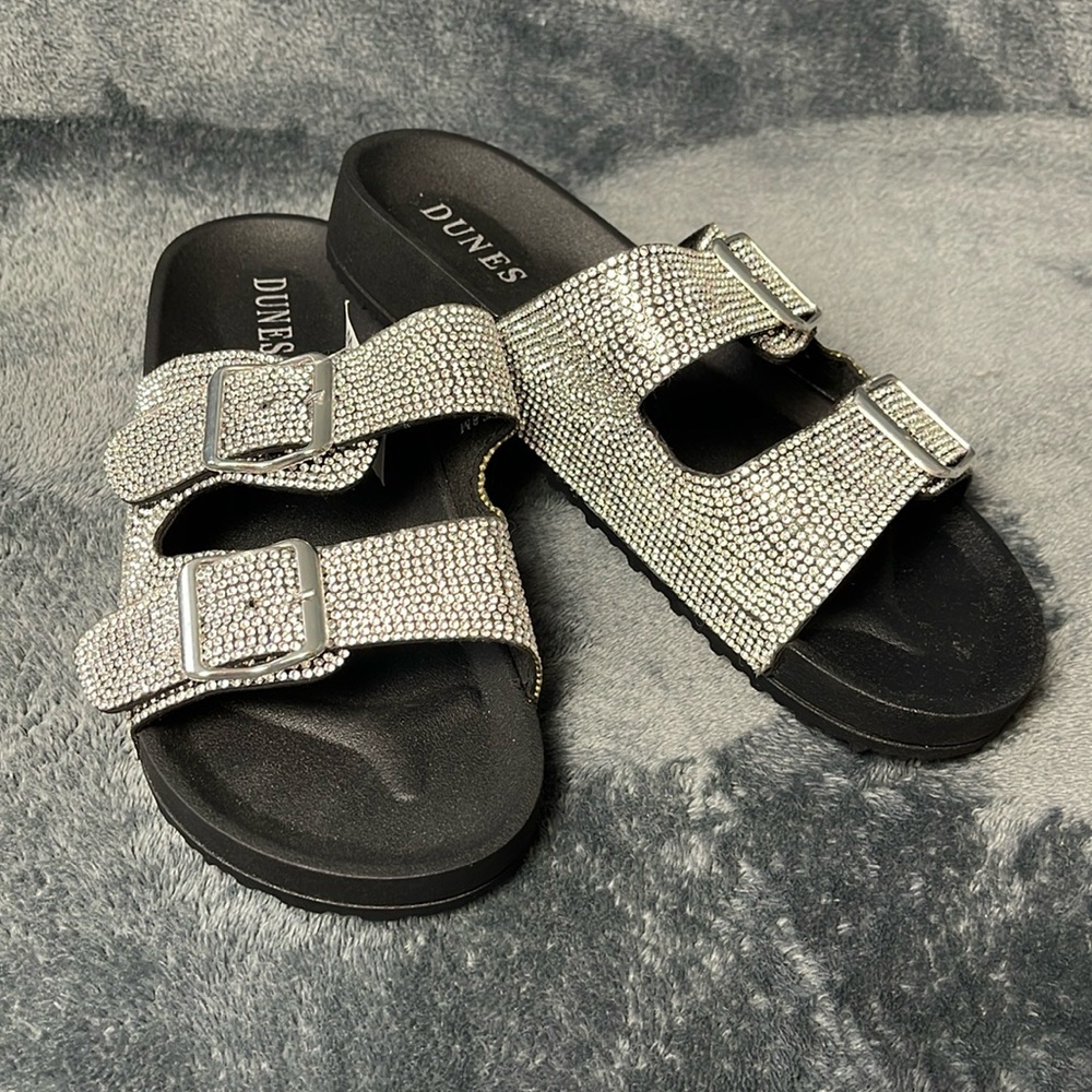 Silver Embellished Double-Buckle Slide Sandals for Women